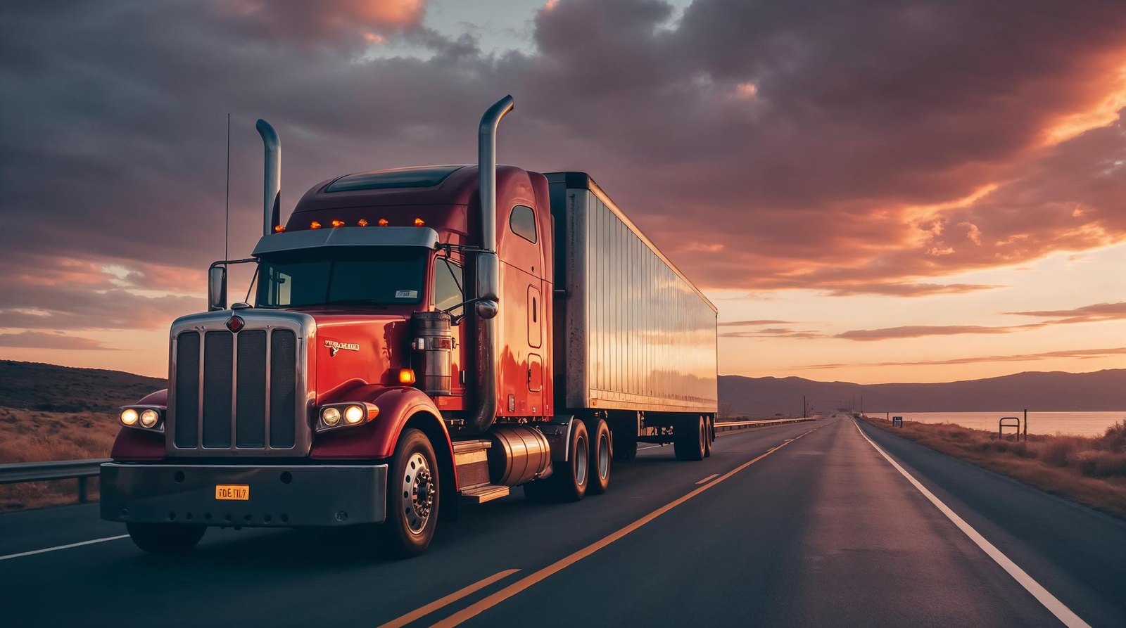 A tractor-trailer running an interstate at dusk